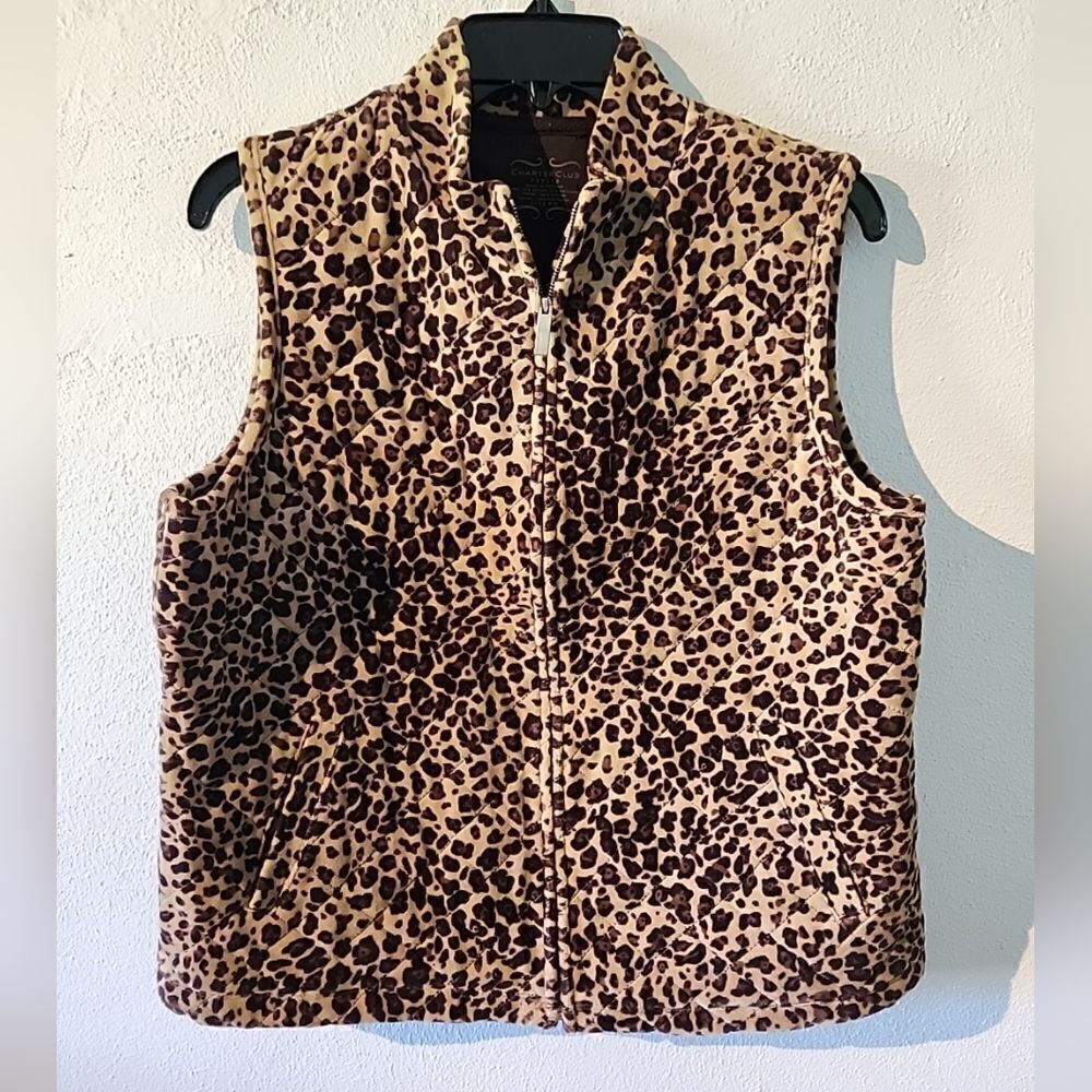 Charter Club Leopard Print Fleece Vest Brown And Beige Zip-Up Petite Size M